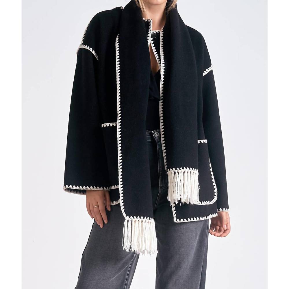 Elan Black Jacket with White Fringe Accents